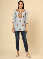 Rayon  Blue Office Wear Embroidery Work Readymade Top